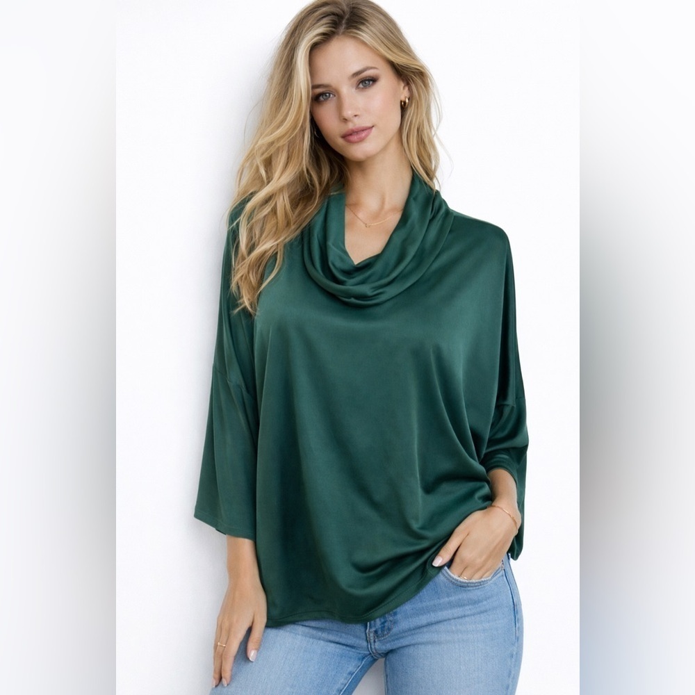 Boho Chic Size Large Green Cowl Neck Tunic Top Button Back Dolman Sleeve